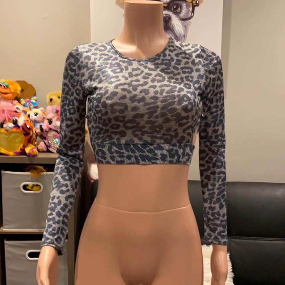 Fashion Nova Gray Leopard Print Backless Tie Long Sleeve Top XS NWT
